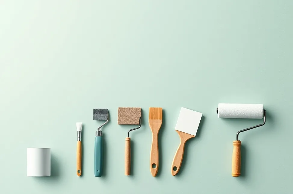 Outils de peinture disposés dans l'ordre des étapes du chantier