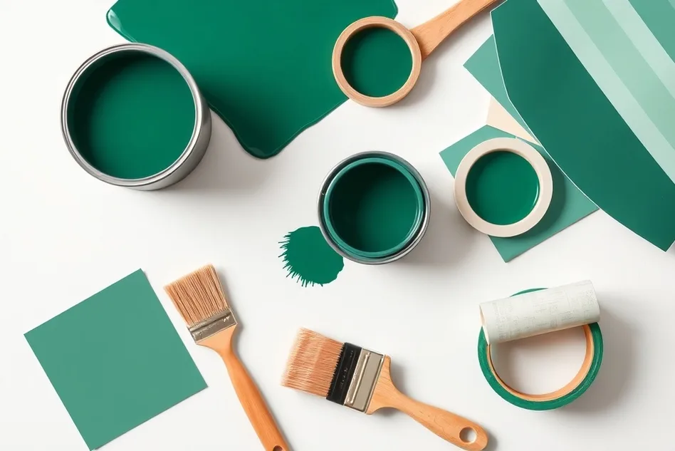 Pots de peinture, nuancier, brosses et rouleaux disposés à plat