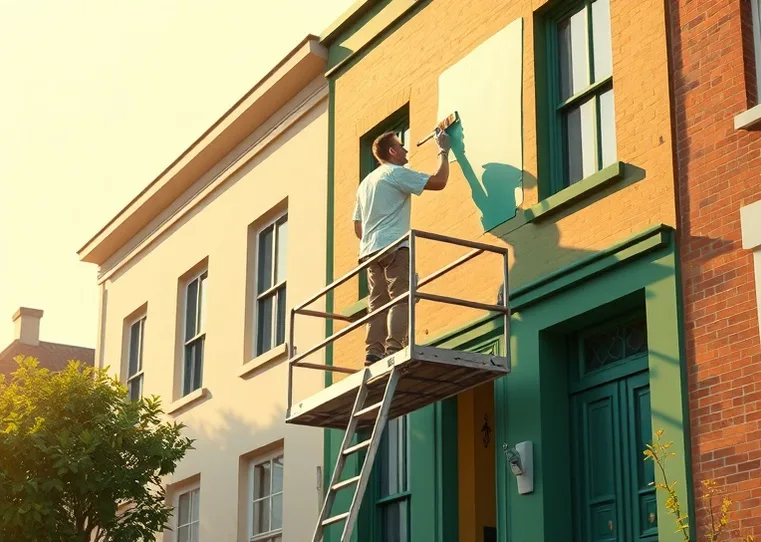 Peintre sur échafaudage traitant la façade d'une maison
